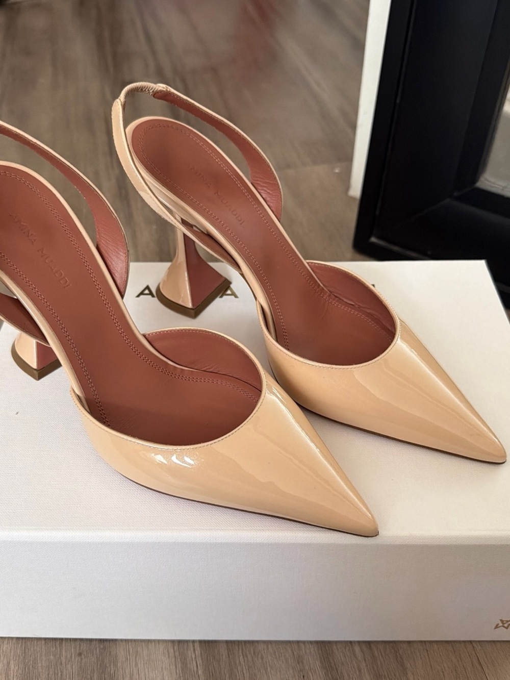 Amina Muaddi Nude Patent Pointed Slingback Heels